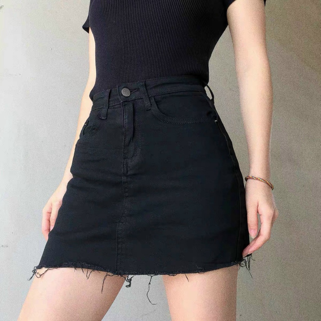 Chân váy quần bò Jeans dáng ôm body ngắn trẻ trung hotgirl teen đẹp rút dây cá tính màu đen trơn