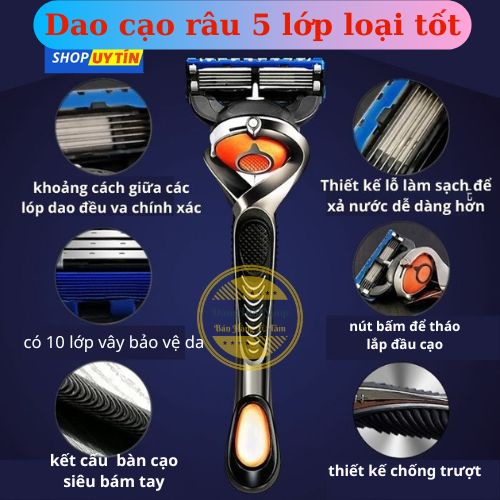 Dao cạo râu 5 lưỡi cao cấp- Combo 1 cán + 8 đầu thay [tặng bao đựng cao su+ 1 kem cạo 30ml]