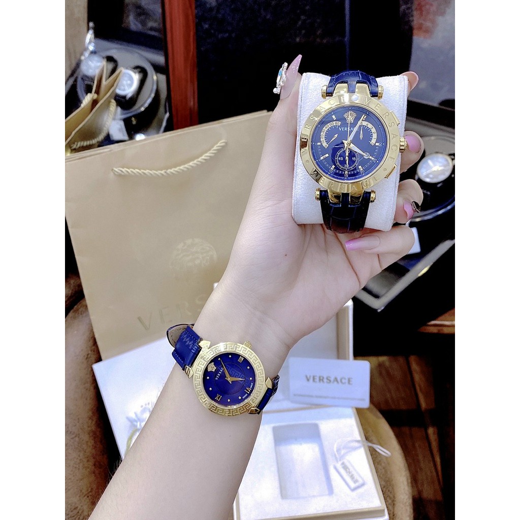Đồng hồ cặp nam nữ, đồng hồ đôi nam nữ chính hãng full box VERSACE mặt xanh dương thời trang cao cấp, thời thượng