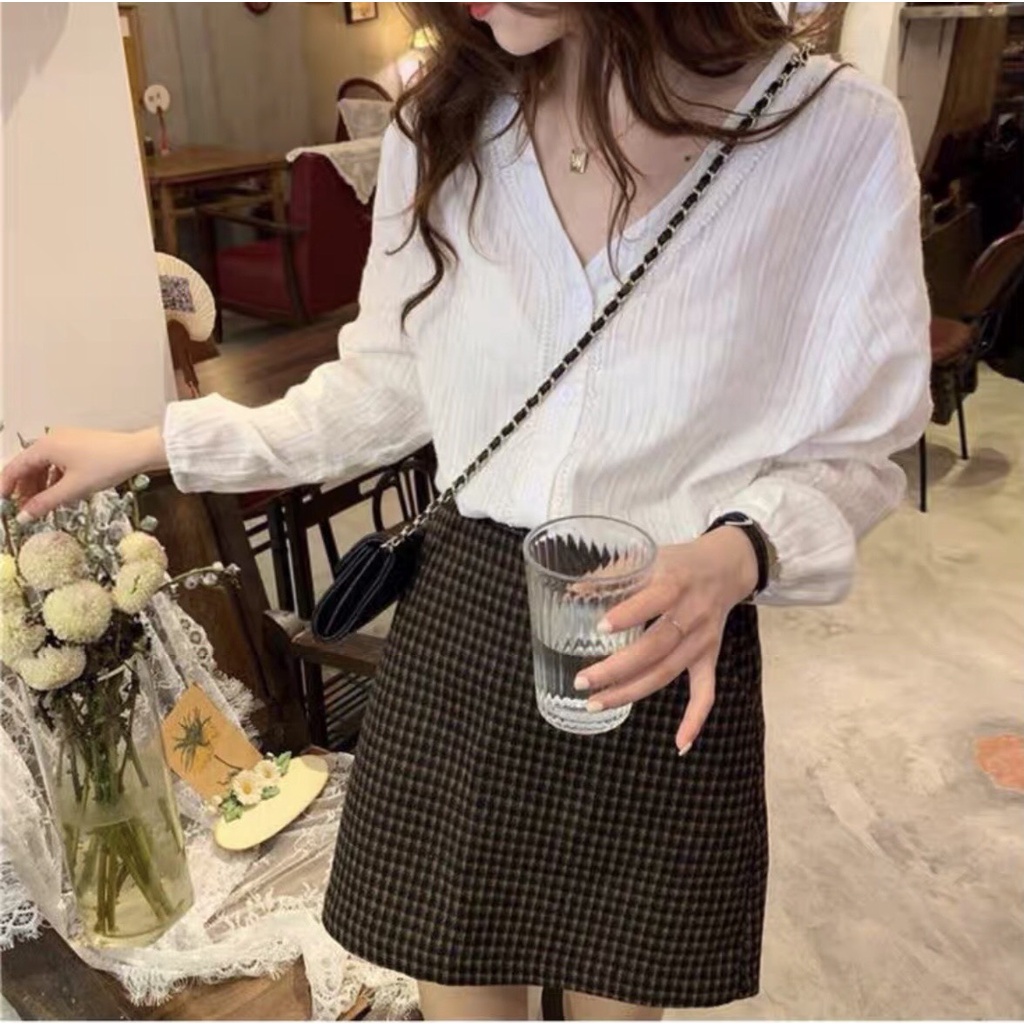 [Ảnh thật] Áo sơ mi cổ V viền ren hạt gạo ulzzang - Áo sơ mi dài tay viền ren