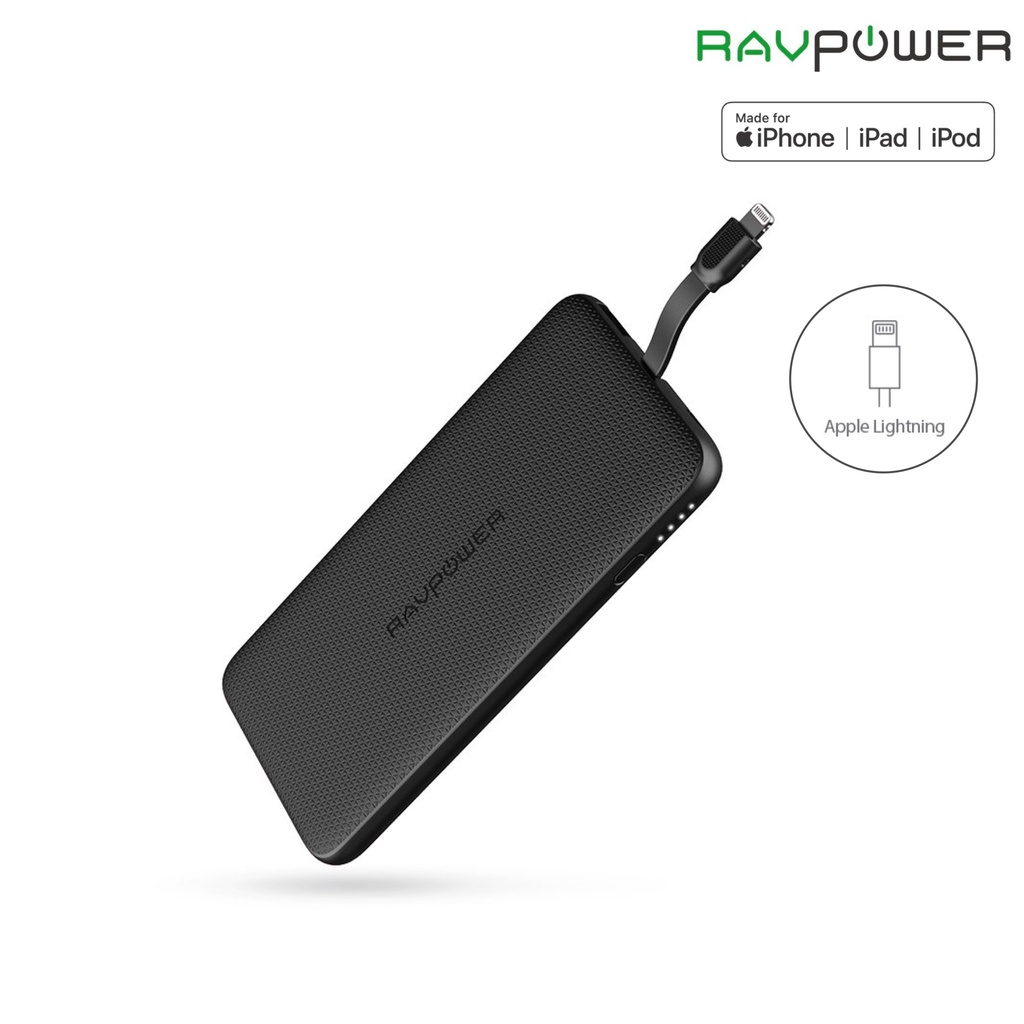 Pin Sạc Dự Phòng Tích Hợp Cáp Lightning Cho iPhone Chuẩn MFi - RAVPower - 10000mAh - 17W - RP-PB099 - Hàng Chính Hãng VN