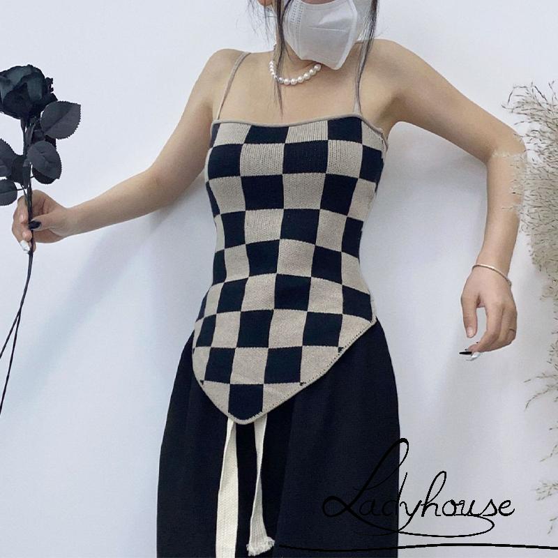 Áo hai dây dài tay họa tiết caro màu sắc đơn giản cho nữ