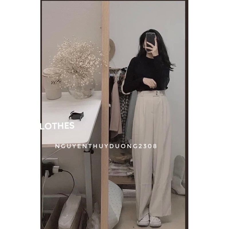 [Ảnh thật/Sẵn]Quần Long pants ống rộng cạp cao 2 cúc/Quần culottes ulzzang