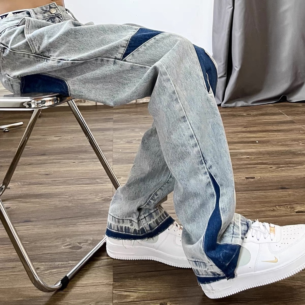Quần jean ống rộng unisex họa tiết thêu sao cao cấp phong cách đường phố