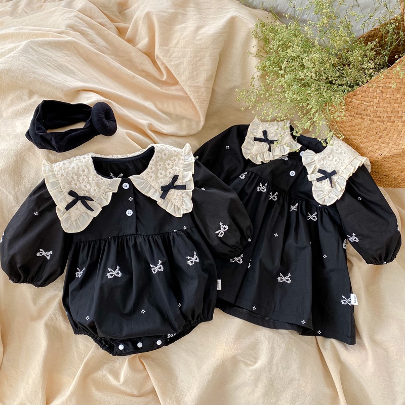 Bộ Áo Liền Quần Tay Dài Cổ Phối Ren Màu Đen Thời Trang Cho Bé Gái