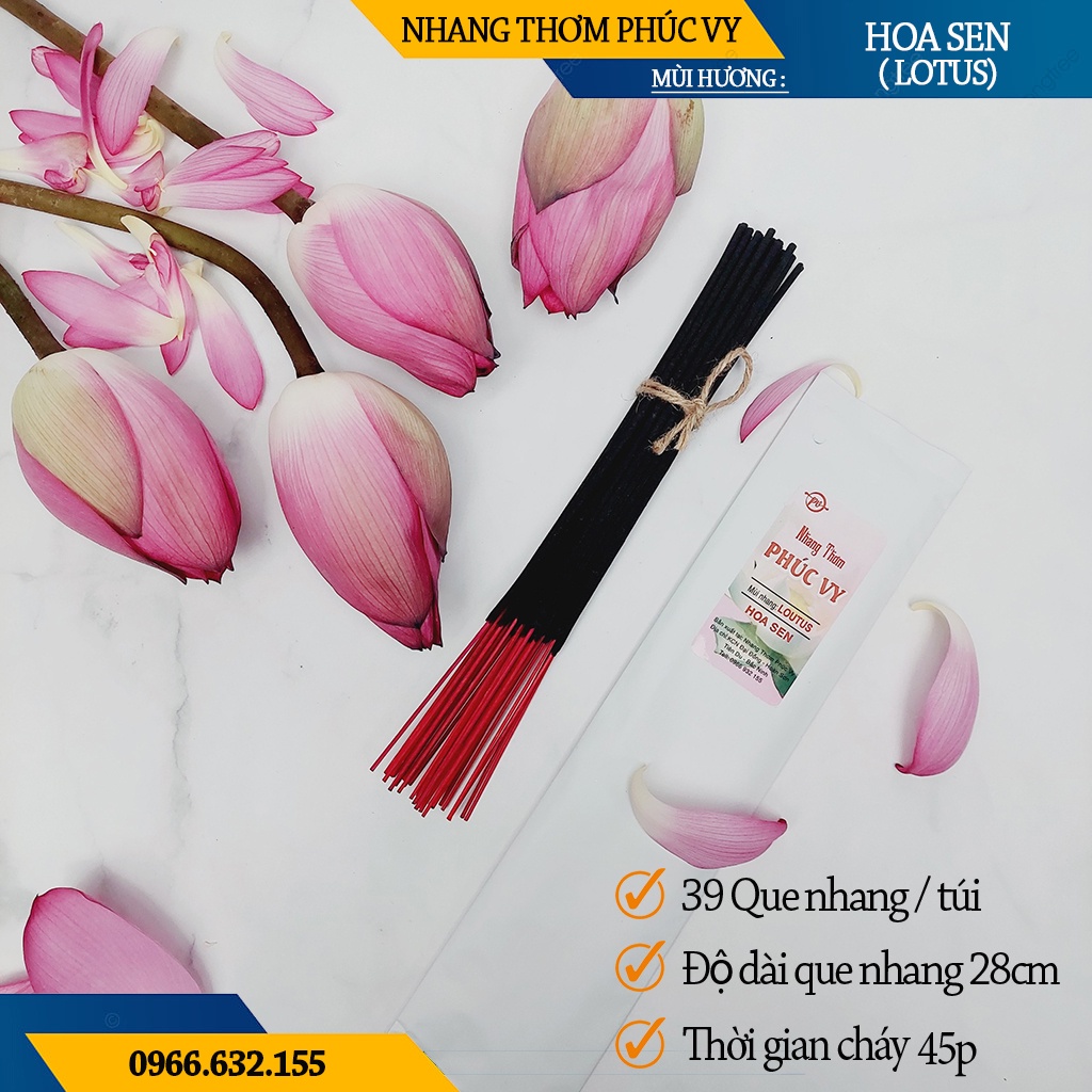 Nhang Thơm Phúc Vy Hương Sen Lotus - Túi 39 Cây 28cm, Ít Khói, Thơm Nhẹ, Dễ Chịu, Không kích mũi