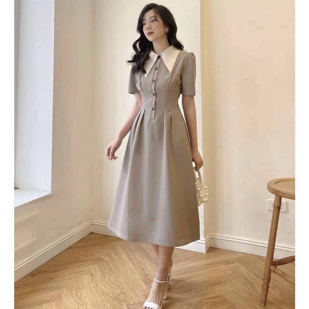 Đầm váy freesize cổ trắng nút trước 4 màu