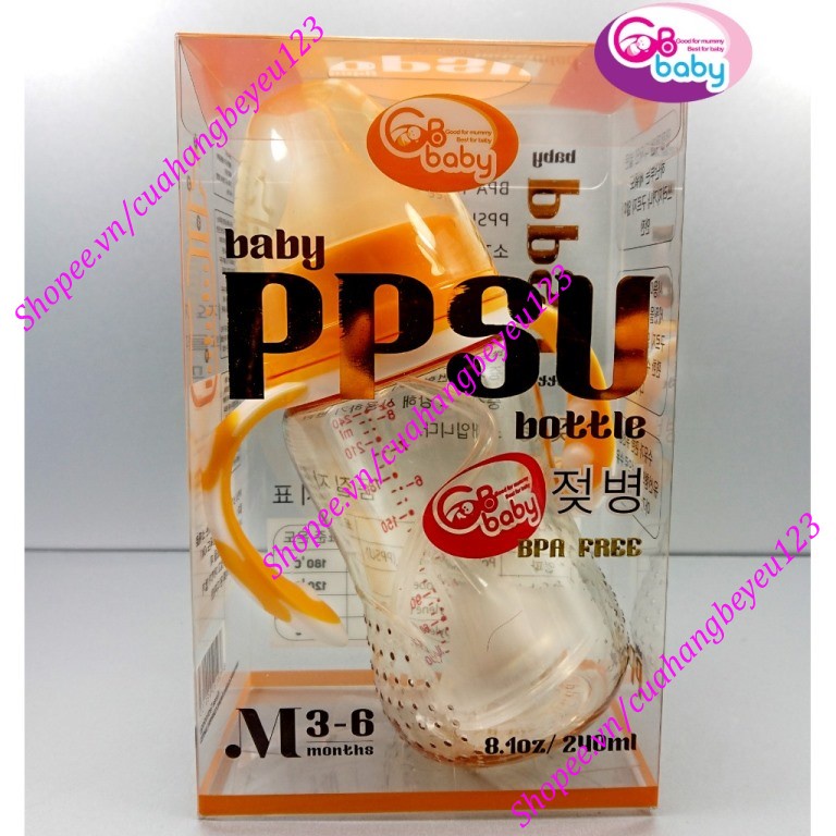 Bình sữa 240ml Cổ rộng PPSU Cao cấp có tay cầm, có van chống sặc GB Baby (Tặng 1 núm ty GB-baby, Que thông tắc sữa)