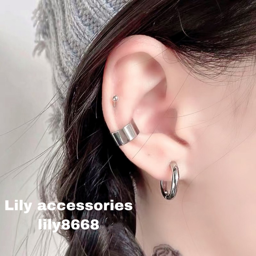 Set Ear Cuff set 2 kẹp tai titan tròn không cần xỏ lỗ không gỉ không đen cho nam và nữ