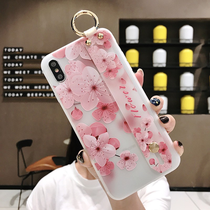 Ốp lưng Iphone 2021 họa tiết in nổi + đai cầm tay - phong cách Hàn Quốc - Chất liệu TPU