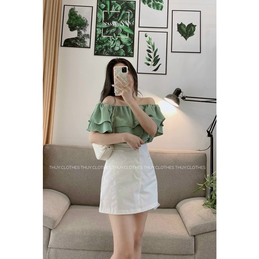 Sét bộ đồ nữ áo bèo lai trễ vai xếp tầng phối chân váy giúp nàng nổi bật đi chơi, dự tiệc