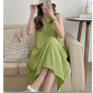 Đầm sát nách đũi trơn dáng dài, váy suông ba lỗ cổ tròn