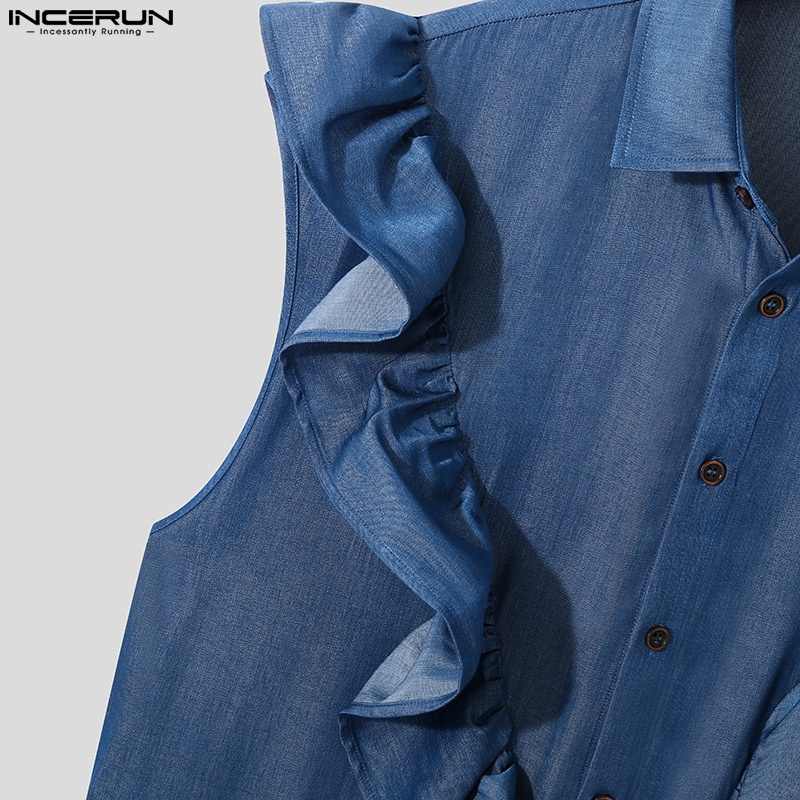 Áo sơ mi INCERUN không tay màu trơn cổ bẻ phối bèo thời trang cho nam