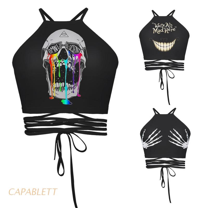 Áo croptop hở lưng cột dây in hình bàn tay và đầu lâu 3D phong cách Harajuku gợi cảm cho nữ