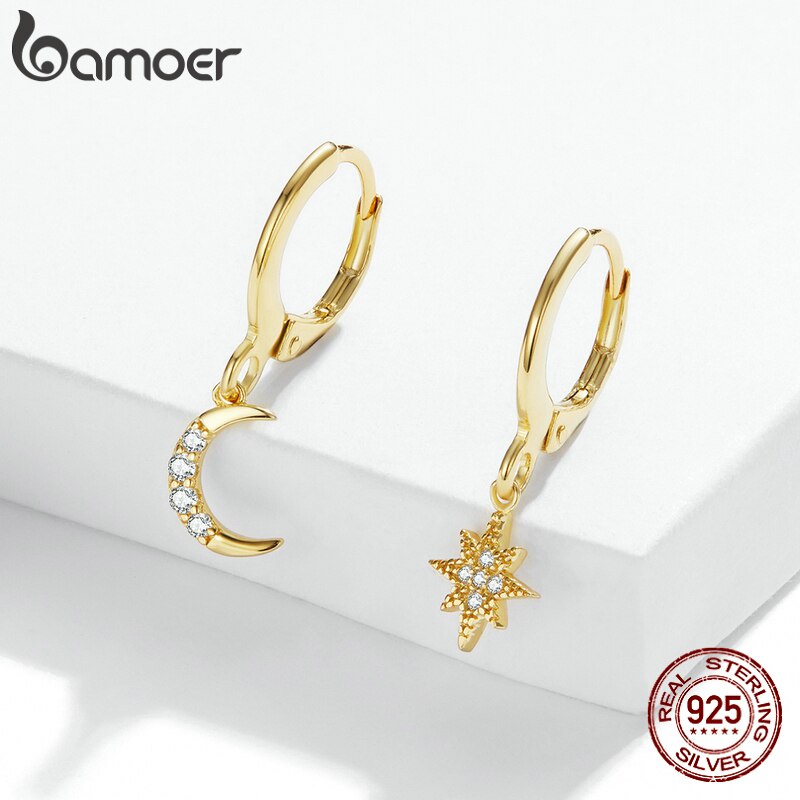 Khuyên tai Bamoer SCE1239 bằng bạc 925 không gây dị ứng hình ngôi sao và mặt trăng thời trang cho nữ