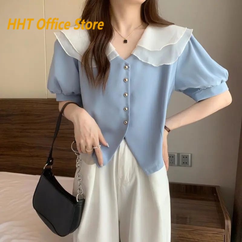Áo Sơ Mi Chiffon Ngắn Tay Phồng Cổ Búp Bê Màu Sắc Tương Phản Thời Trang Mùa Hè Dành Cho Nữ