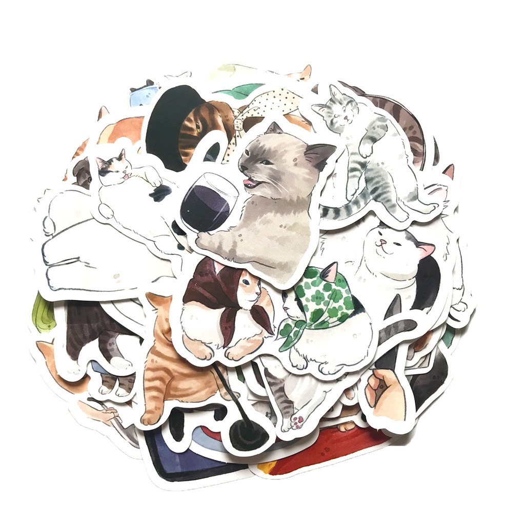 BỘ 54 STICKER MÈO MẶT NGU- DÁN MŨ BẢO HIỂM ĐT VALI NHẬT KÝ CHỐNG THẤM CHỐNG TRẦY