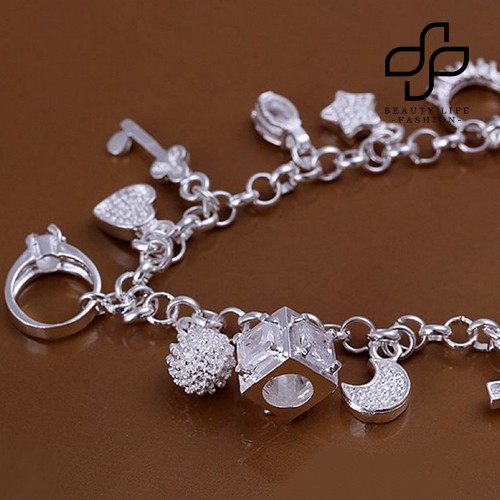 【NEW】Women Fashion Gift Silver Plated Zircon Pendants Chain Bracelet Bangle Jewelry