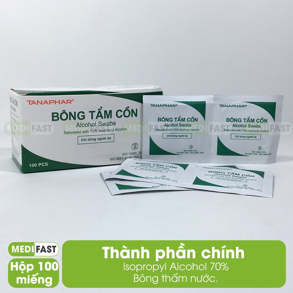 Bông tẩm cồn để sát khuẩn tay nhanh - Tanaphar - Hộp 100 miếng tiện lợi khử khuẩn tay nhanh