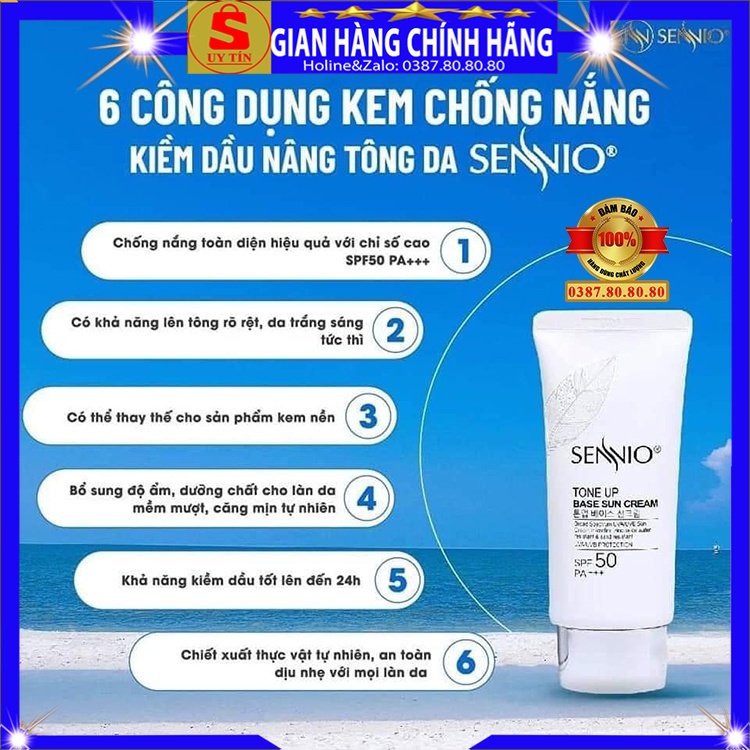 Kem chống nắng kem nền vật lý kiềm dầu nâng tone dưỡng trắng da chính hãng Sennio korea cho da dầu mụn nhờn nhạy cảm khô