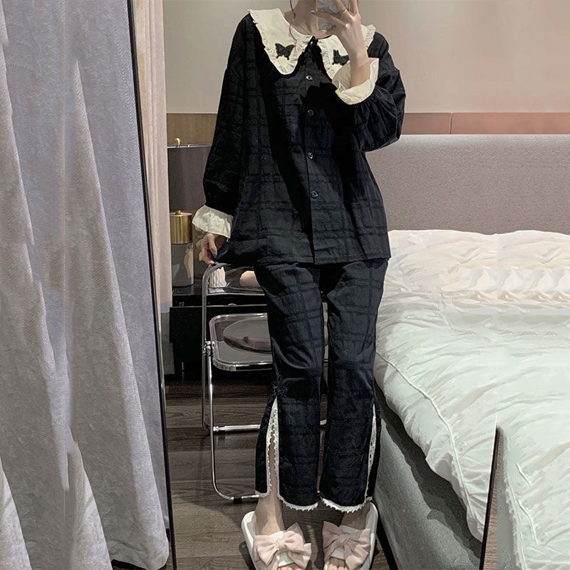 Bộ đồ ngủ tay dài cổ búp bê ngọt ngào đơn giản thời trang thu đông cho nữ