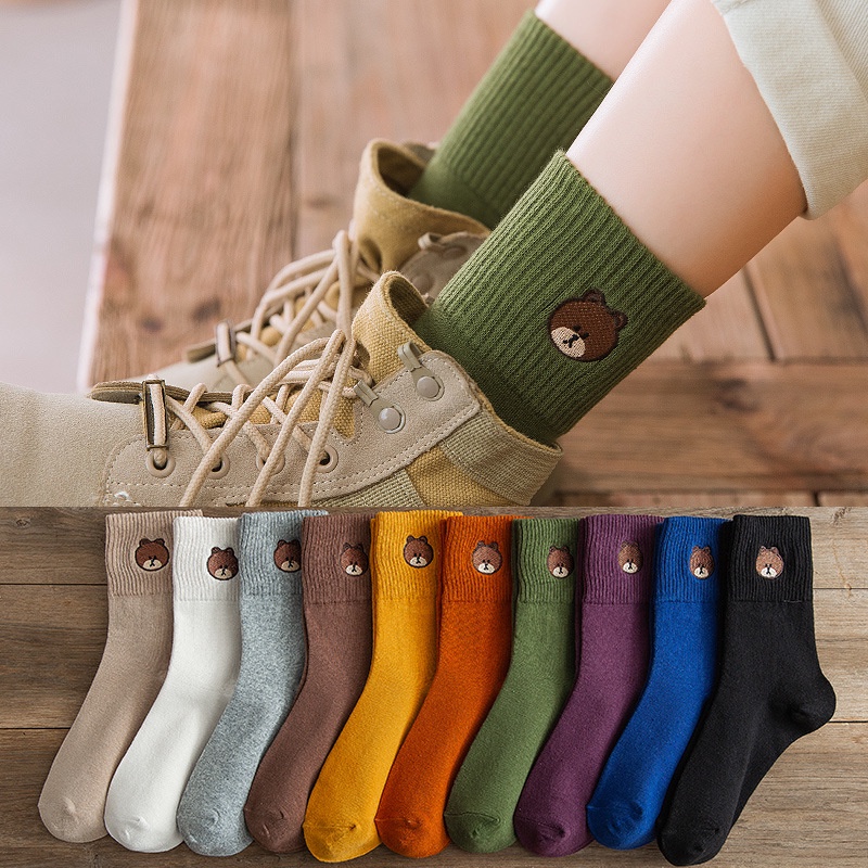 WAFNHA D622 Vớ Cotton Thêu Hình Gấu Dễ Thương