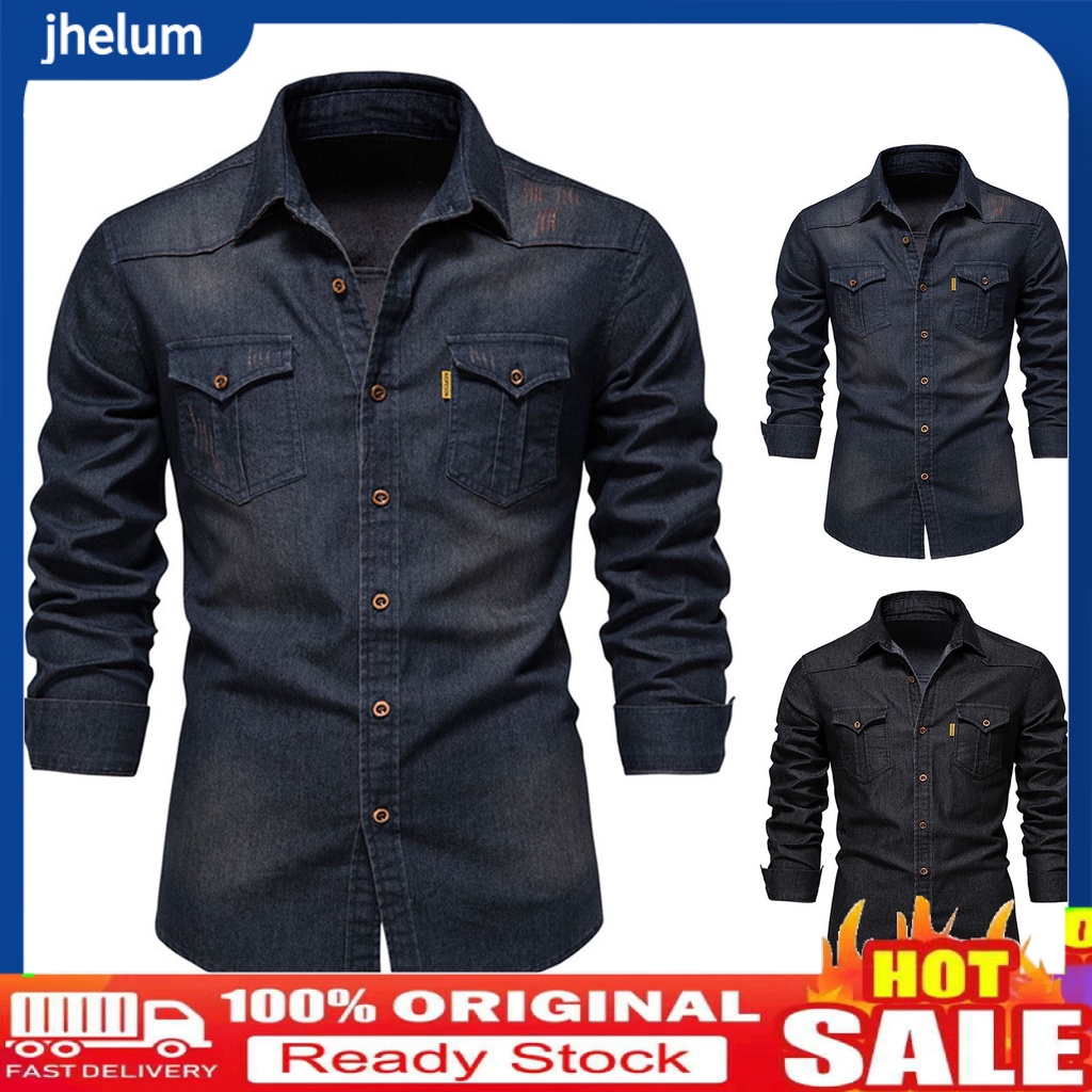 Áo Sơ Mi Denim Trơn Nhiều Túi Cổ Bẻ Một Hàng Khuy Thời Trang Xuân Hè Cho Nam