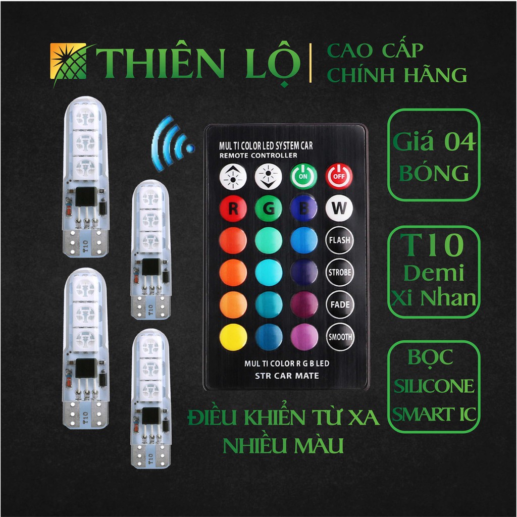 Bộ 4 đèn LED T10 Xi nhan demi điều khiển nhiều màu 6 SMD RGB T10 5050 siêu sáng bọc silicon cho ô tô xe máy của Thiên Lộ