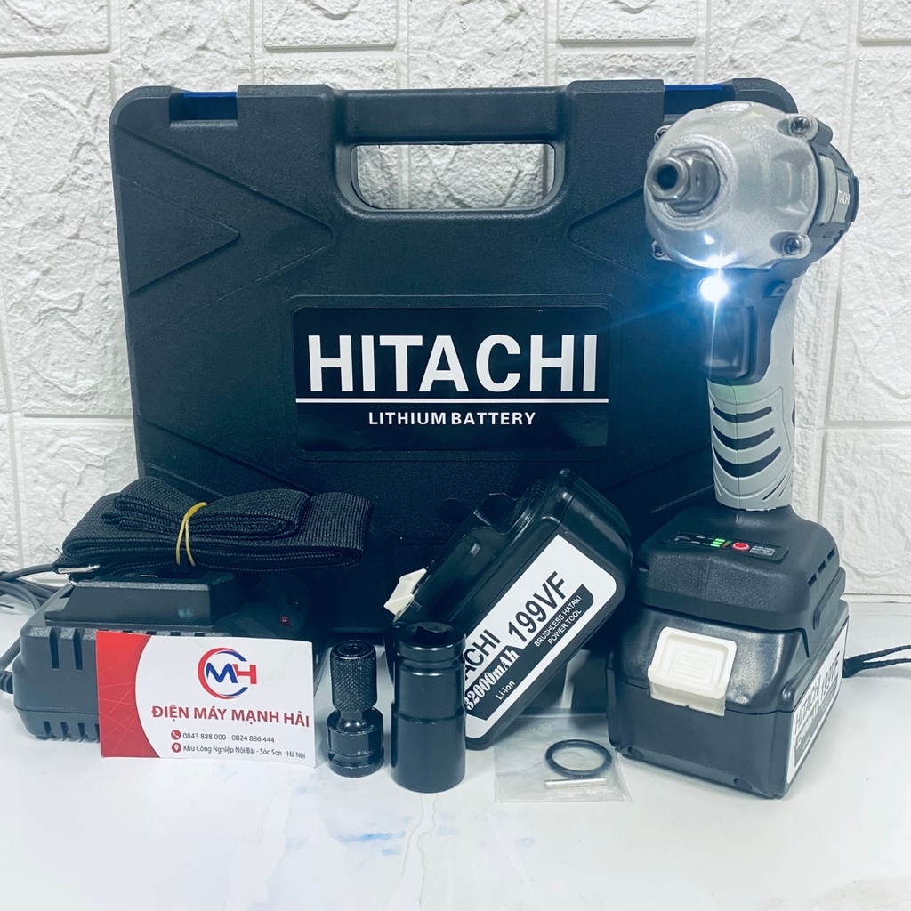 Máy siết bulong Hitachi 199VF - 2 PIN - Đầu 2 trong 1 - Máy bắn bulong KHÔNG CHỔI THAN - TẶNG Đầu chuyển vít, khẩu 22mm