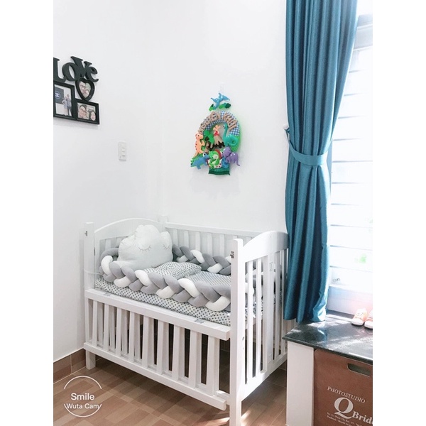 Combo giường cũi +đệm bông ép 5cm + Quây xoắn xám