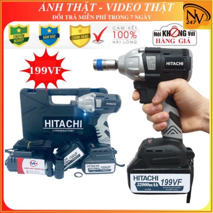 Máy siết bulong Hitachi 199VF - 2 PIN - Đầu 2 trong 1 - Máy bắn bulong KHÔNG CHỔI THAN - TẶNG Đầu chuyển vít, khẩu 22mm