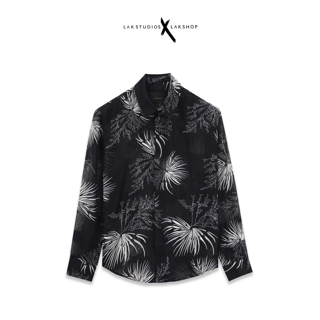 Áo sơmi xuyên thấu Lak Studios Fan Palm x Paisley Black Silk Shirt
