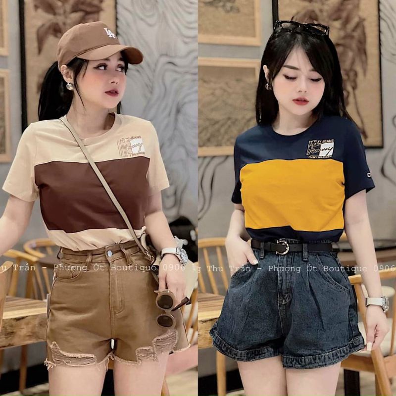 Áo Thun Phối Vải Màu Cực Hot, Áo Kiểu Tay Lỡ Dáng Thụng