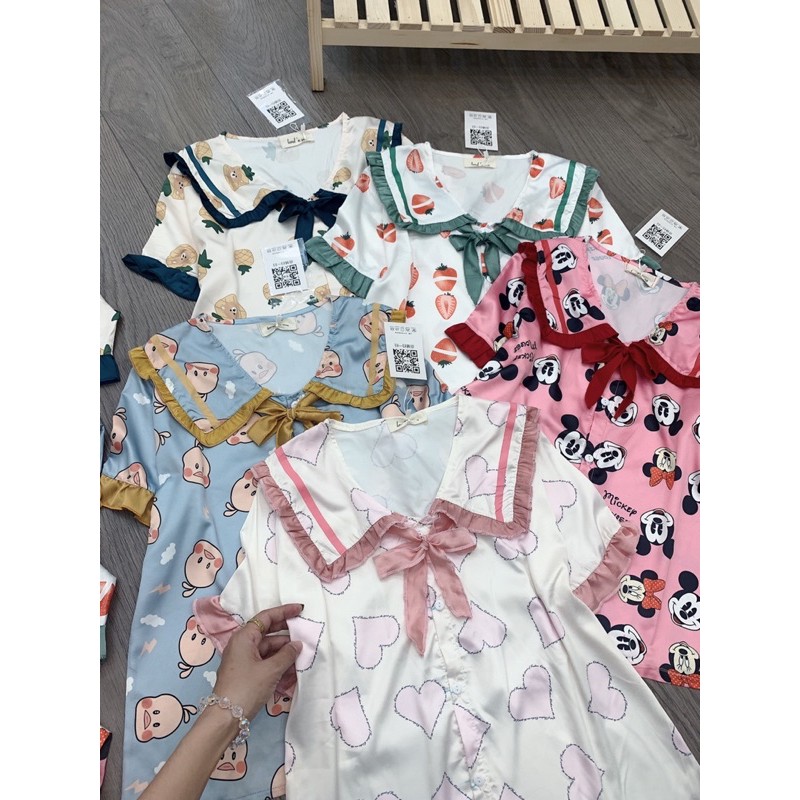 Bộ ngủ nữ cộc tay lụa pijama tiểu thư bộ ba lỗ hoa siêu hot (SE05) | BigBuy360 - bigbuy360.vn