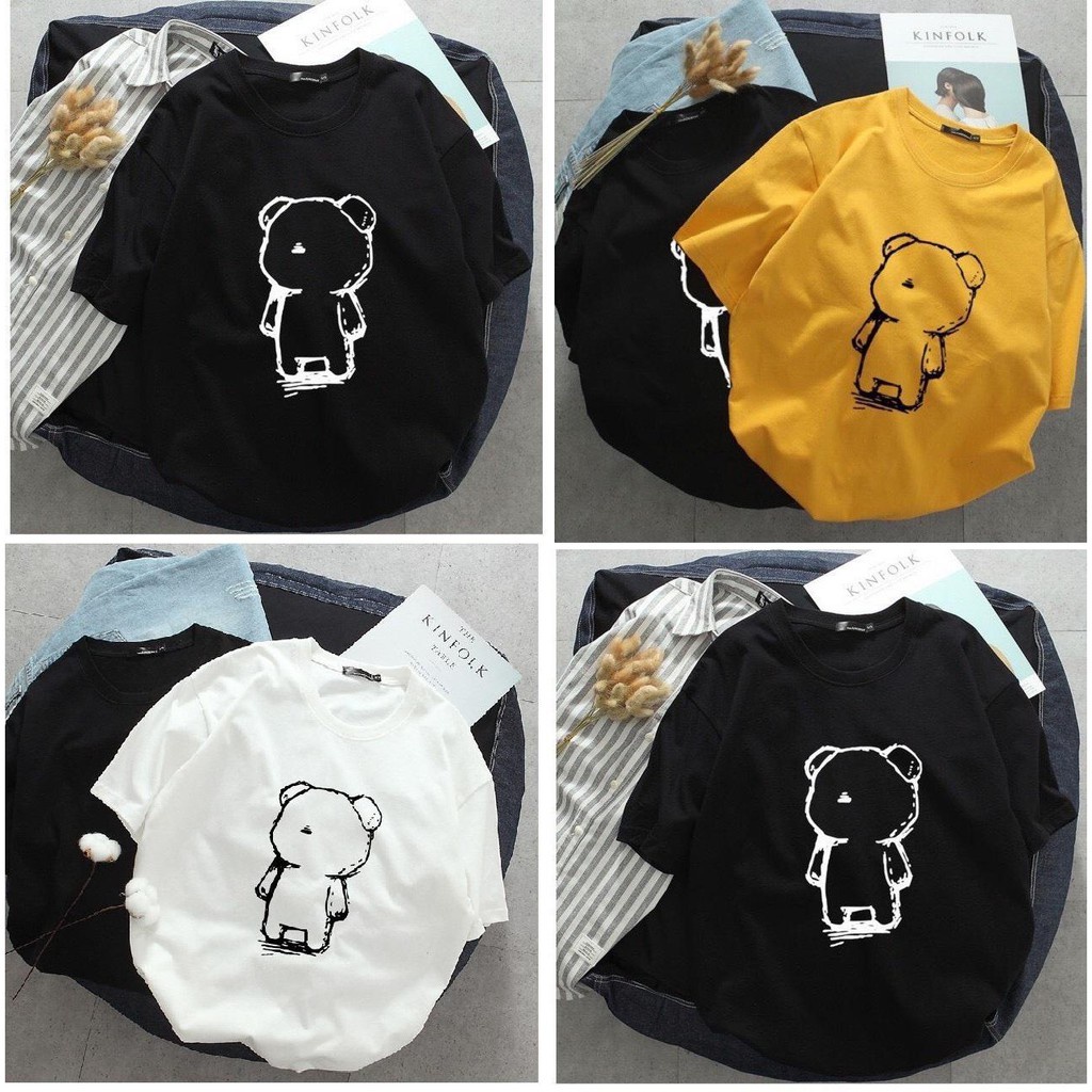 Áo thun nam nữ unisex form rộng tay lỡ, in hình viền gấu trắng DINO, thiết kế đơn giản ATU006