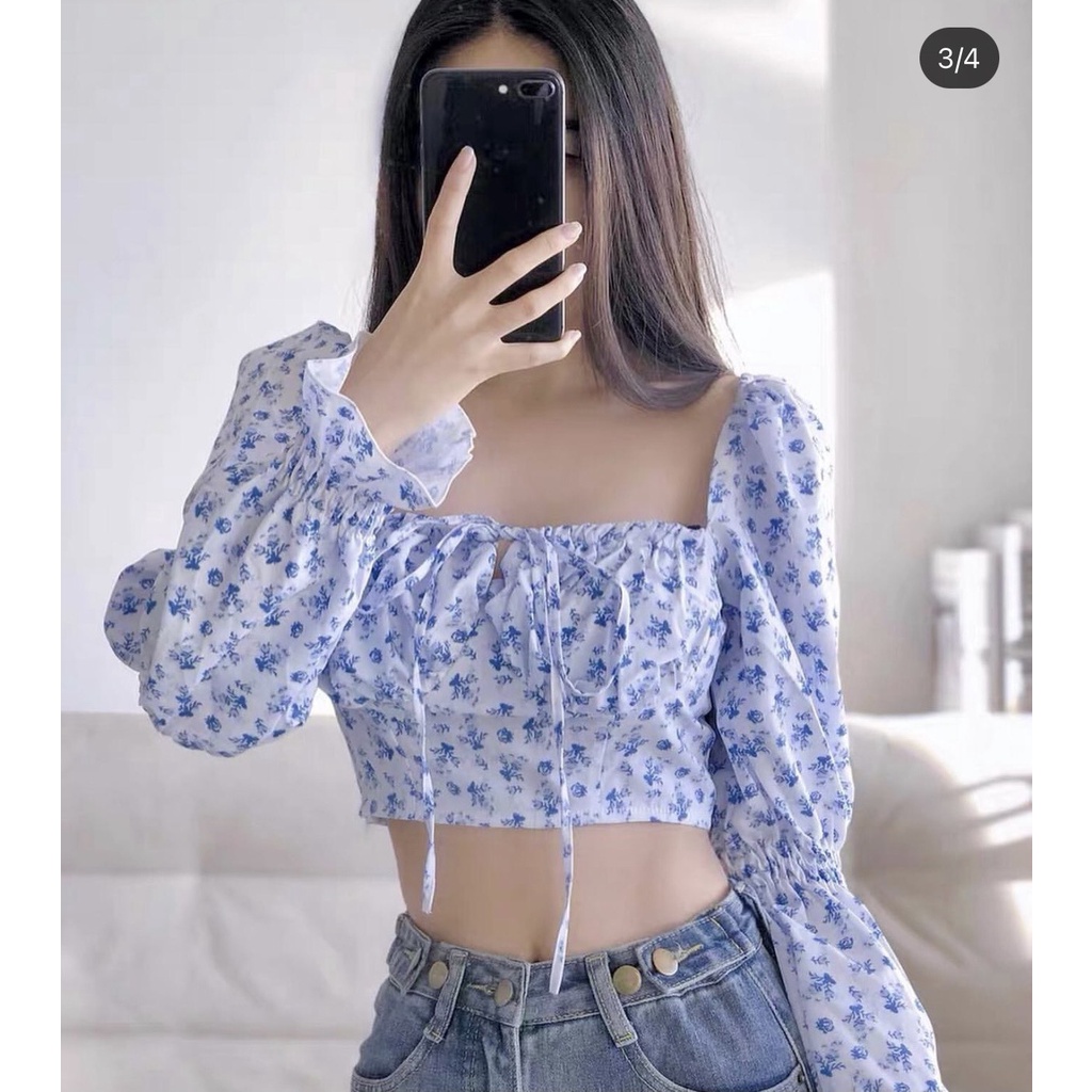 Áo croptop xanh nhún hoa nhí thắt nơ KÈM ẢNH THẬT  BAO KIỂM ❌