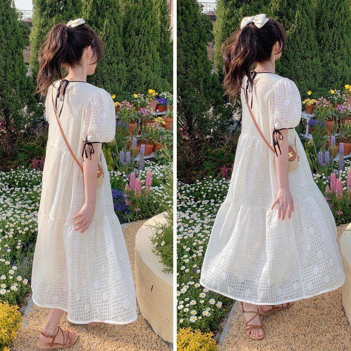 Đầm babydoll dáng dài, váy babydoll hoa nổi hai lớp tay phồng - V84