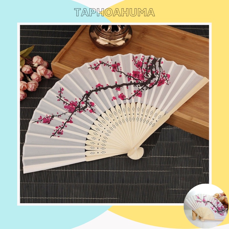 Quạt Vải Xếp Cầm Tay In Hoa Anh Đào I Dễ Thương I Nhỏ Nhắn I Tiện Dụng