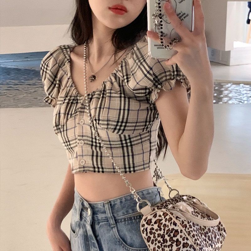 COZOK Áo Croptop Trễ Vai Họa Tiết Sọc Caro Phong Cách Vintage