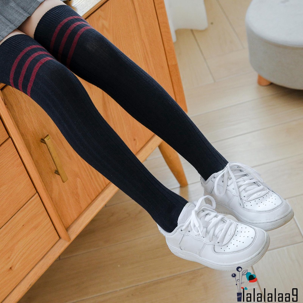 Vớ Cotton Dài Qua Gối Kẻ Sọc Màu Trắng / Đen / Xanh Navy / Xanh Dương Cho Bé 3-15 Tuổi