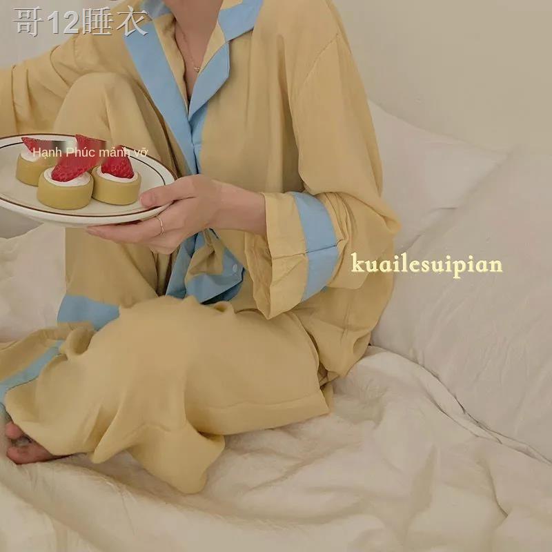 XMới bộ đồ ngủ nữ Nhật Hàn phiên bản phối màu đơn giản áo cardigan dài tay đỏ lưới phù hợp với gia đình