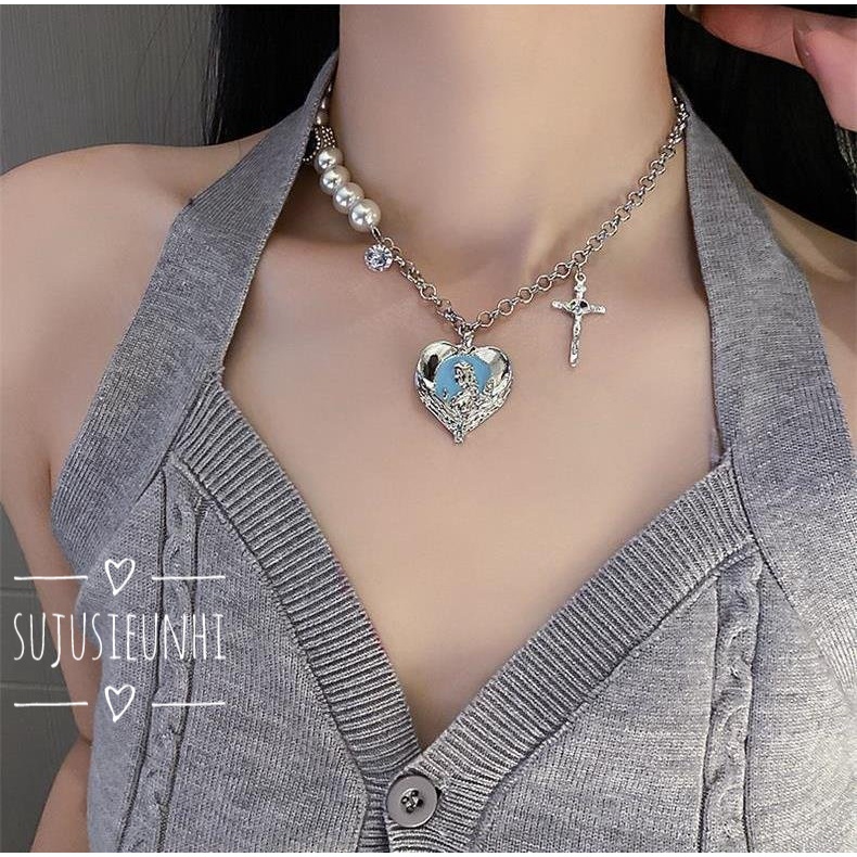 (2 mẫu) vòng cổ ngọc phối xích đính chữ thập, trái tim xanh lục bản to