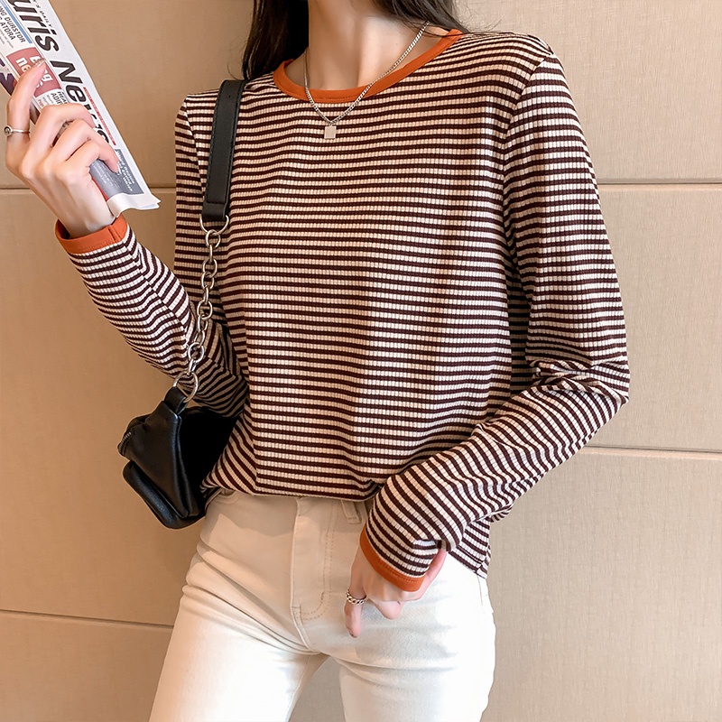 Áo Thun Dài Tay Dáng Rộng Họa Tiết Kẻ Sọc Màu Sắc Tương Phản Thời Trang Mùa Thu Mới