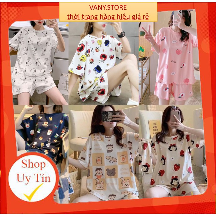 Đồ Bộ Nữ ❤️FREESHIP❤️ Bộ Ngủ Nữ Cotton Thun Cộc Tay Pijama Phối Hoạ Tiết Đáng Yêu mã QA001