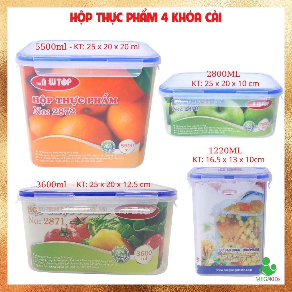 Hộp thực phẩm, hộp nhựa đựng thực phẩm đa năng 4 khóa Four Lock 1220ml, 2800ML, 3600ML, 5550ML Song Long