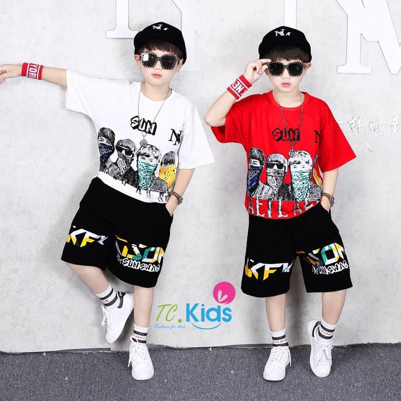 Bộ bé trai phong cách hip hop thun cotton xinh mát 4 màu phối như hình