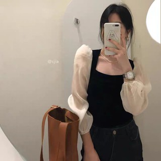 (SẴN) Áo nhung tay voan cổ kiểu