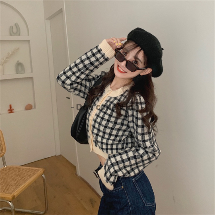Áo Khoác Dệt Kim Họa Tiết Caro, Áo Khoác Len Dài Tay Thời Trang Thu Đông -Dou Collection - Mã TA029