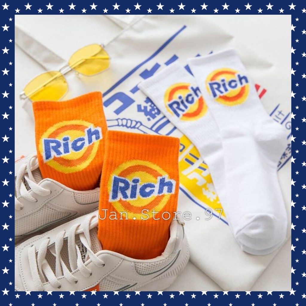 Vớ cao cổ unisex tất cao bắp chân trắng cam chữ Rich nam nữ NEKO