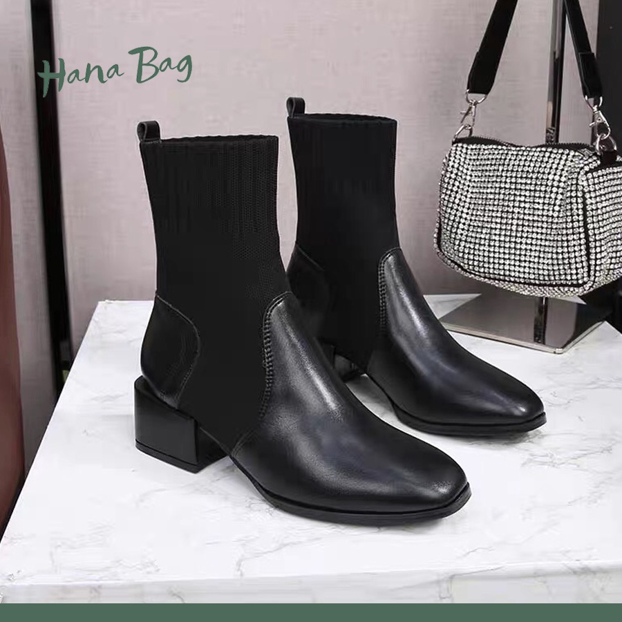 Giày bốt da mũi nhọn Loại 1, gót vuông cổ ngắn cao 5cm có chun trên cổ chân | BigBuy360 - bigbuy360.vn